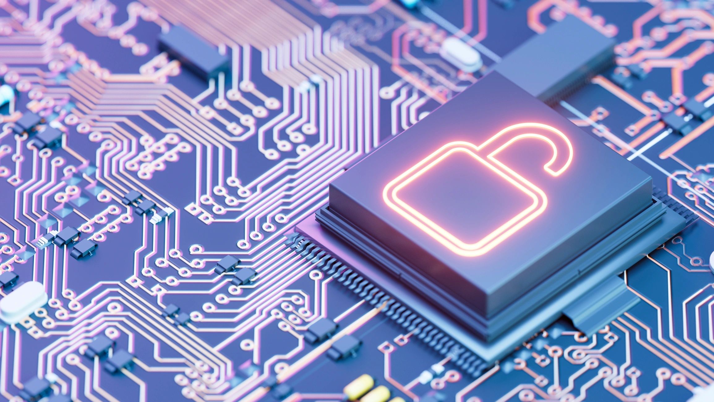 Abstract data security concept with padlock and circuitry