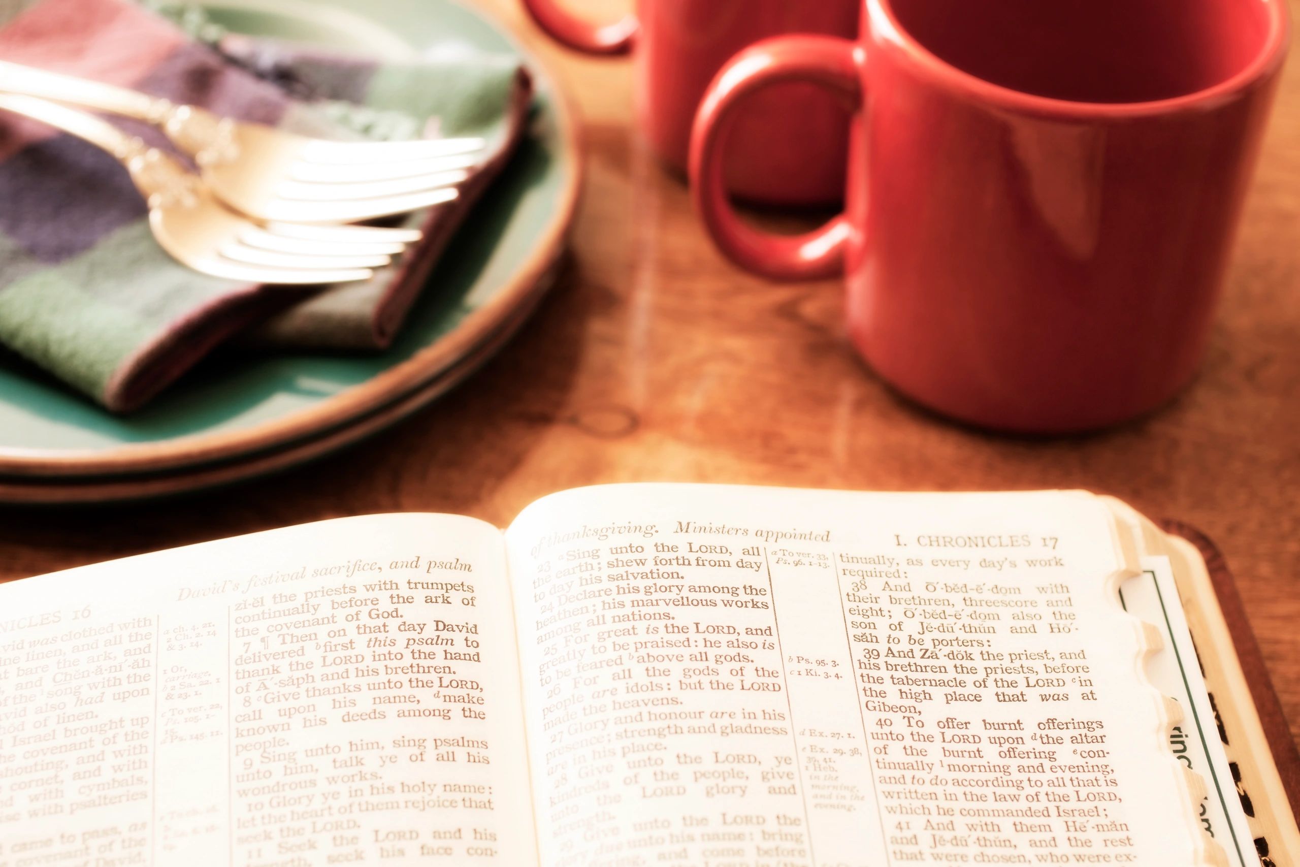 Open Bible on a table during a morning study